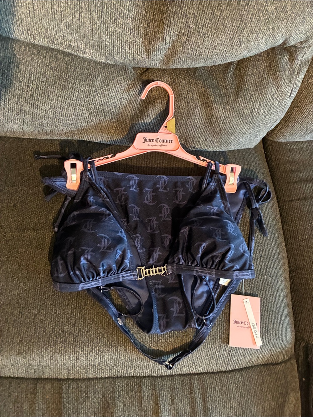 Juicy Couture Navy Monogram Bandeau Bikini Set with Silver Logo NWT